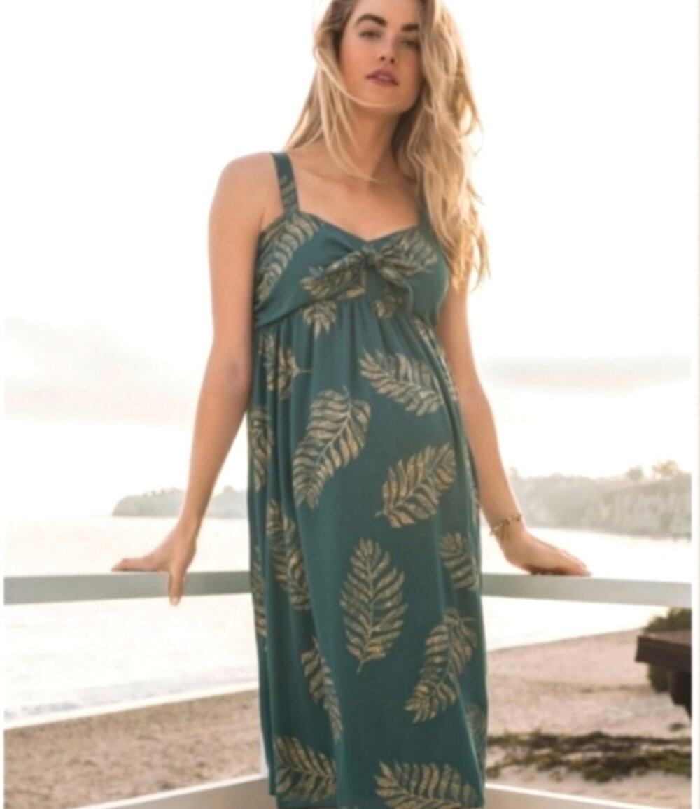 Motherhood Maternity Knot Front Dress Knee Length Teal Gold Print Size Medium